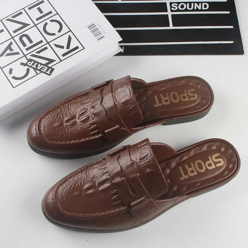 New Men's Loafers Luxury Business Half Shoes for Male Patent Leather Mules Non-slip Outdoor Summer Fashion Slippers