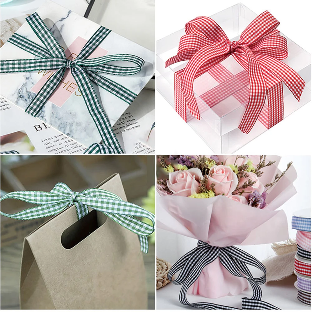 5 Yards Checked Polyester Ribbon 3/8 Inch Plaid Tartan Fabric Craft Ribbon for Hair Accessories Craft Wrapping Party Decorations