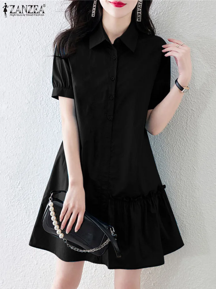 

ZANZEA Summer Casual Mini Dress Women Ruffled Hem Short Puff Sleeve Fashion Sundress Elegant Work Solid Lapel Neck Shirt Dress