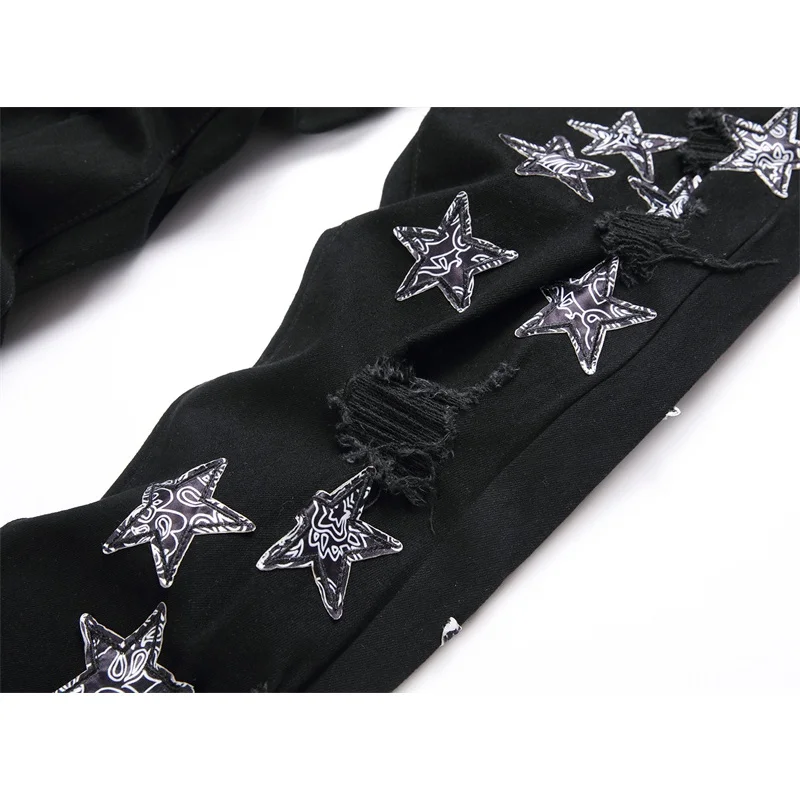 2024 high-end biker men's jeans personalized pentagonal embroidery holes black stretch fashion small straight pants men's pants