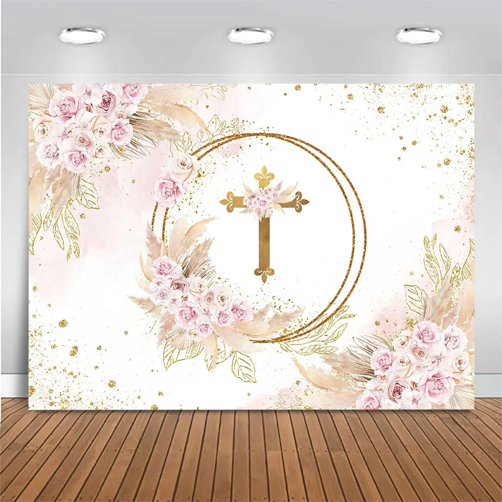 Mocsicka Baby Baptism Backdrop Golden Circle Cross Newborn Christening Party Decorations Pampas Grass Flowers Photo Background photo backdrop,party decoration covers,photography auxiliary props