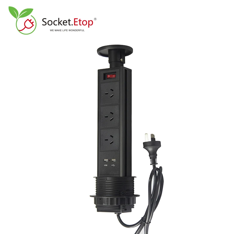 

Factory Sales Australia Standard Pulling Pop Up Desktop Socket With 3 Gang AU Plug 2 USB Chargers ON/OFF Switch Outlet For Home