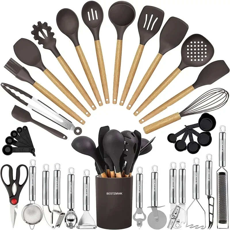 Kitchen Utensils Set- 35 PCs Cooking Utensils, Made of Heat Resistant Food  Grade Silicone and Wooden Handles Kitchen Gadgets - AliExpress