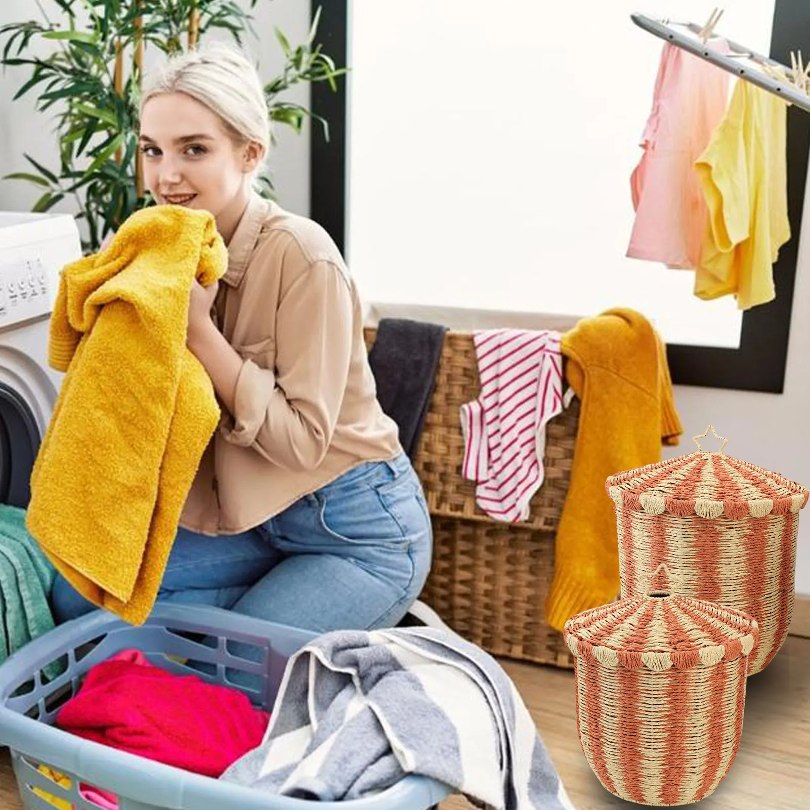 Woven Storage Basket with Lid Handwoven Long Lifespan Rattan Floor Basket Red Vintage Versatile for Clothes Blanket Toys Snack