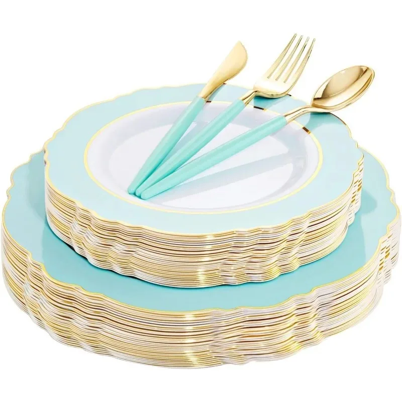 30Guest Plastic Plates Disposable-Plastic Silverware With Handle Plates Disposable for Weddings, Parties, Mother's Day