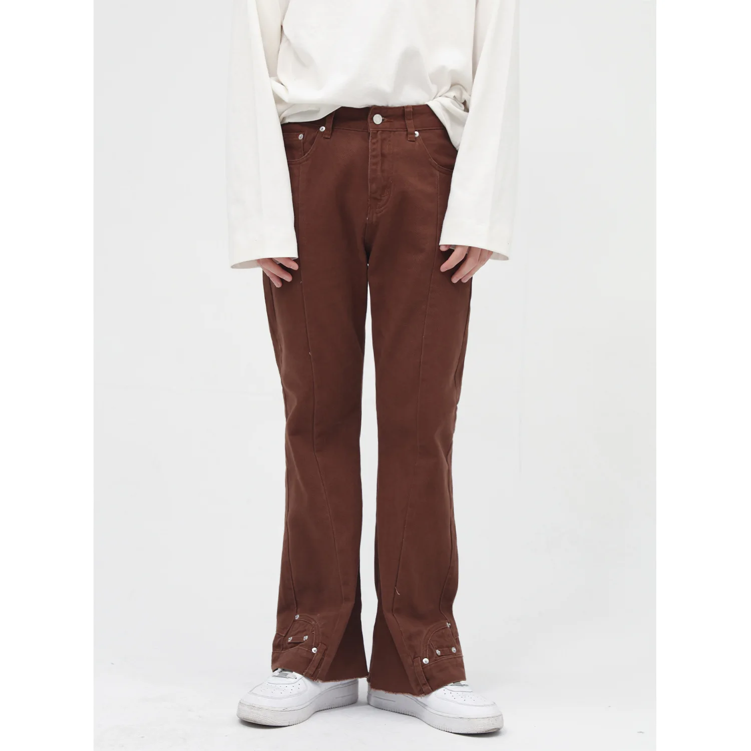 

High Quality Denim Pants Korean Personalized Design Sense Mid Waist Brown Flare Jeans Men