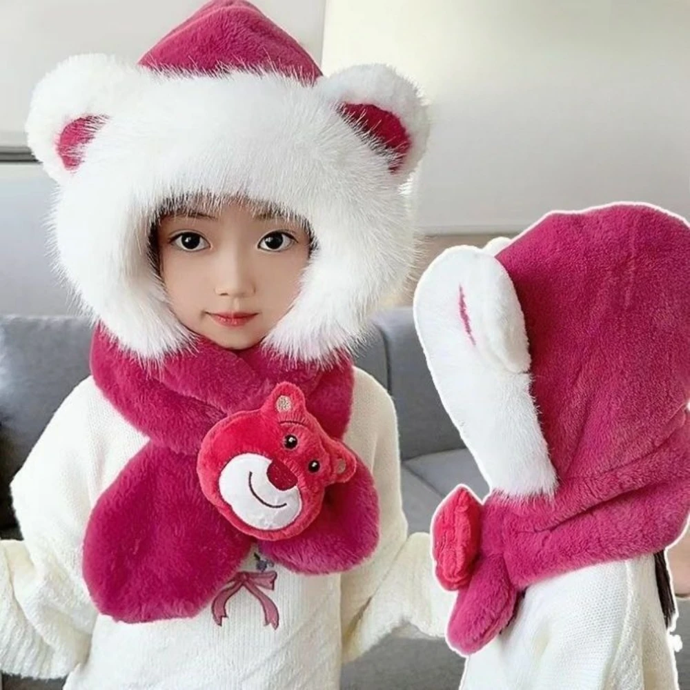 ديزني الأطفال الشتاء قبعة ووشاح مجموعة الوردي الفراولة الدب يندبروف غطاء للأذنين أنيق قبعة تزلج دافئة قطعتين مجموعة MINISO