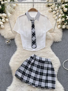 Plaid JK Uniform Short Sleeve Blouse And Pleated Skirt Set Women Sexy Comfortable Uniform Suit Female Clothing New 1
