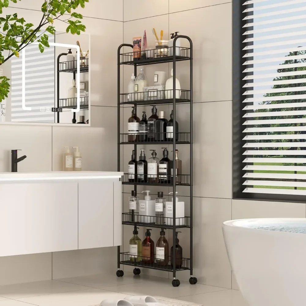 6 Tier Slim Storage Cart with Wheels, Metal Mobile Shelving Unit Organizer Utility Cart for Kitchen Laundry Room Narrow Places 3