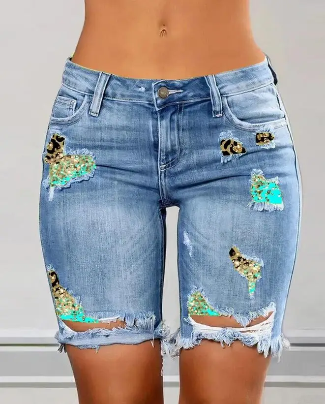 European and American women's clothing 2024 summer new women's casual tie dye printed split denim shorts