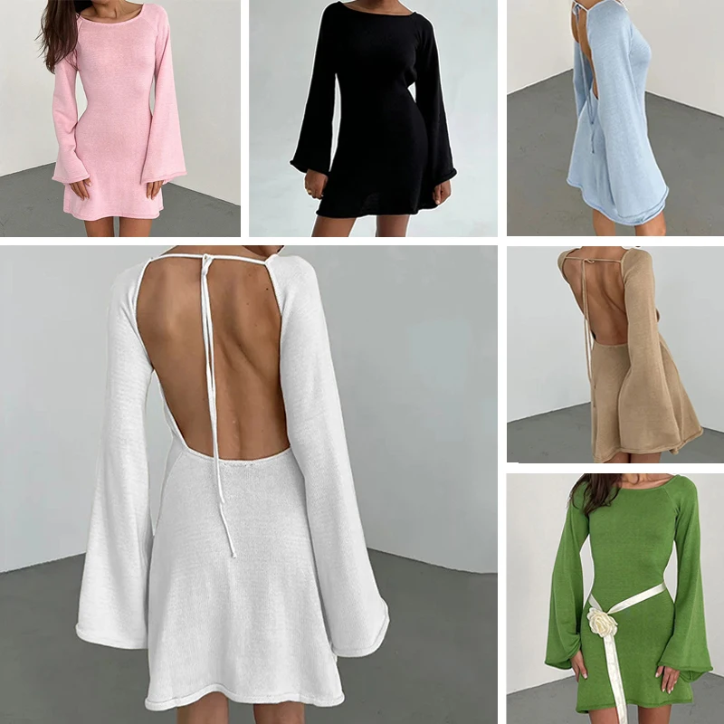 New sexy Backless Round Collar Cover-Ups Solid Color Knit Beachwear Stylish Horn Sleeve Beach suit Female Holiday wrap Dress 1