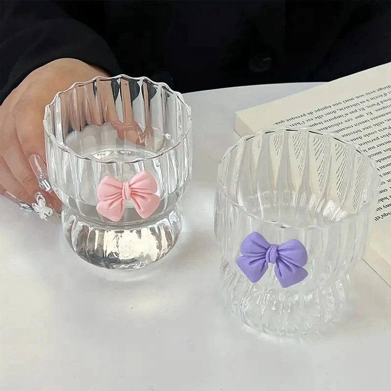 300ML Creative Ribbed Glass Cups Ripple Drinking Glasses Vintage Bow-knot Glassware Wavy Drinking Glasses Glass Cup