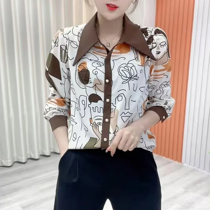 

2023 New Spring and Autumn Fashion Trend Commuter Simple Printed Polo Collar Contrast Loose Relaxed Versatile Women's Shirt