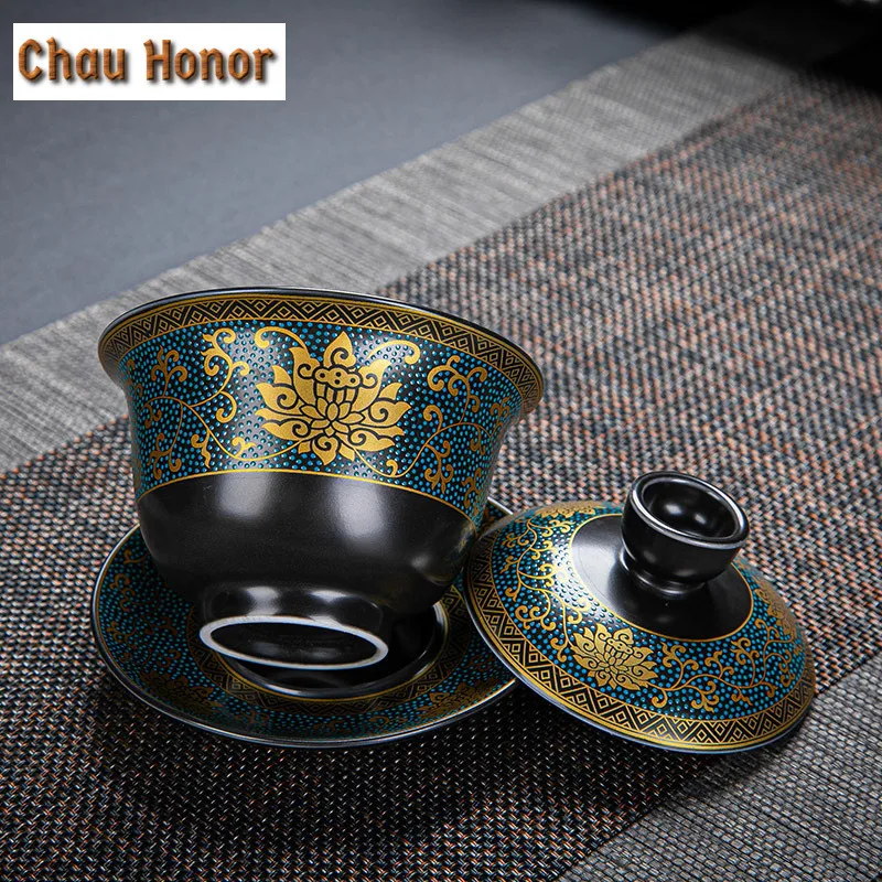 170ml Black Glazed Ceramic Sancai Gaiwan Painted Gold Heap Flower Tea Bowl Kung Fu Tea Set Handmade Tea Brew Tea Cup Accessories