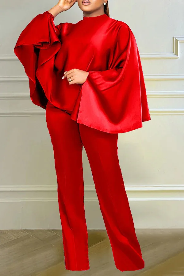 

Spring and Autumn Women's Commuter Casual Solid Color Satin Bat Sleeves Loose Top Straight Tube Pants Fashion Two Piece Set