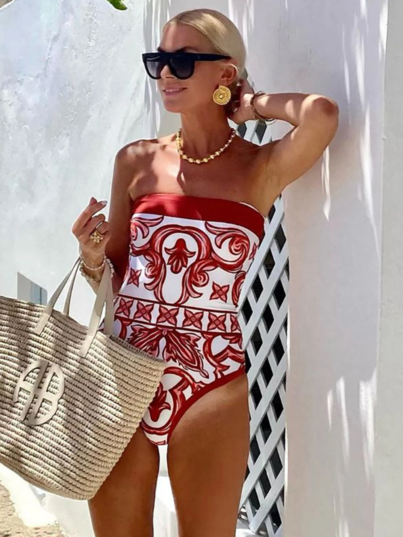 2024 New Ethnic Style Printed One Piece Swimsuit For Women Swimwear And Beach Sarong High Waist Bathing Suit Beachwear Monokini 3