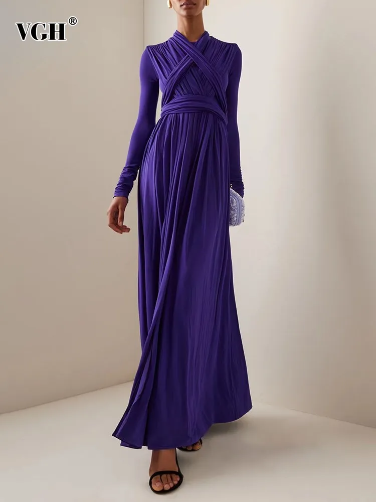 

VGH Spliced Crisscross Folds Solid Dresses For Women V Neck Long Sleeve High Waist Patchwork Lace Up Minimalist Dress Female New