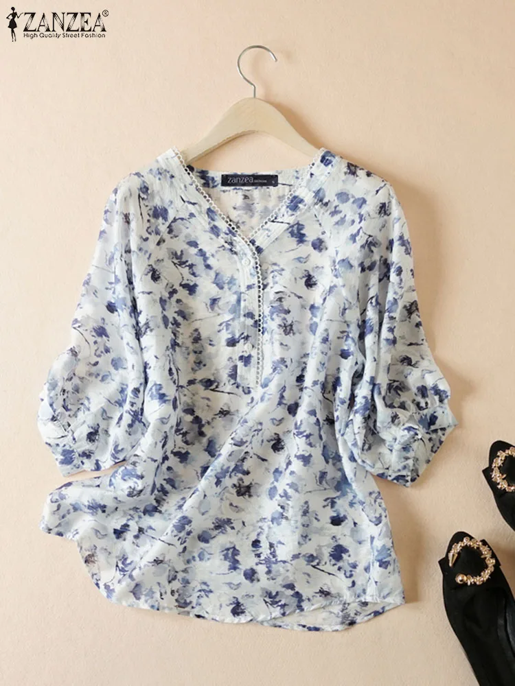 

ZANZEA 2023 Summer Women Bohemian Floral Print Half Puff Sleeve Top Casual Ruffle Wrap Blusas Button V Neck Blouse Shirt Tunic