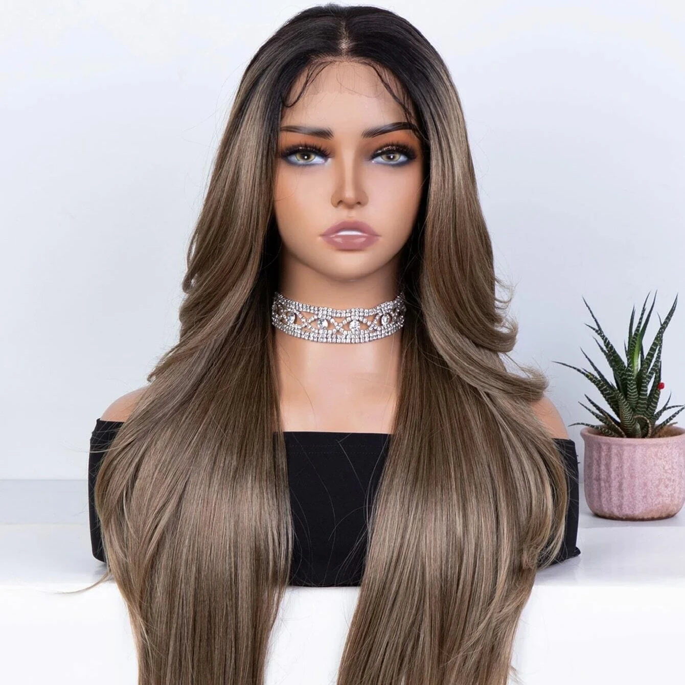 WholesaleMediumBrownHighlightHumanHairWigKosherWigswithSilk