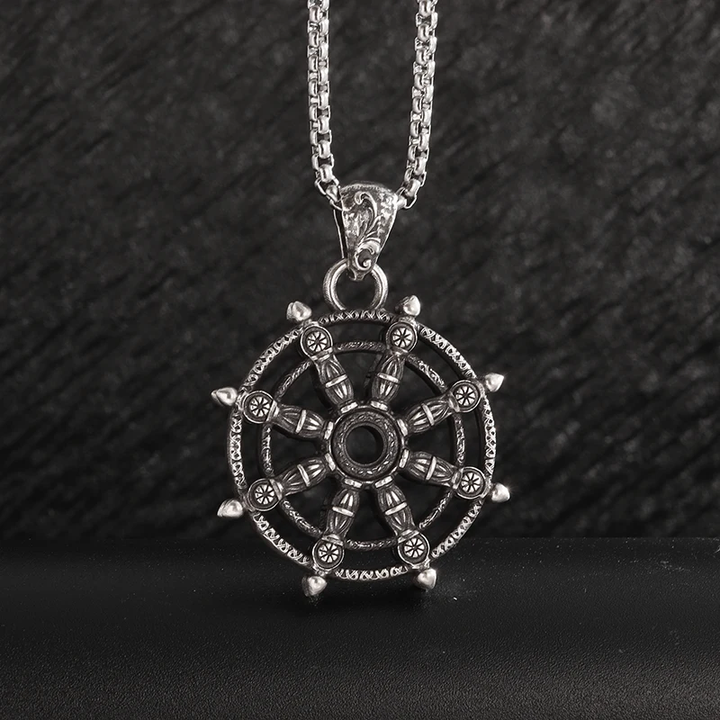 

Exquisite Gothic Pirate Ship Wheel Compass Necklace Norse Mythology Rune Pendant Men's Punk Trend Accessories Gift