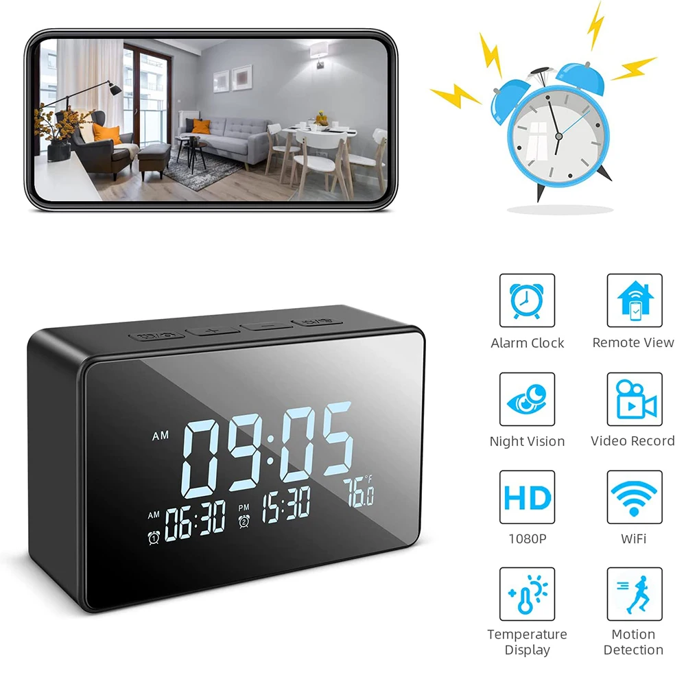 SpyCam Clock with built-in camera features displayed on the screen, surrounded by icons indicating functions like remote view, video recording, and motion detection to monitor surroundings.