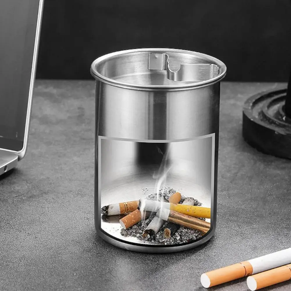 Stainless Steel Ashtray Funnel-shaped Lid Windproof Capacity Heat Resistant Desktop Ash Storage Holder