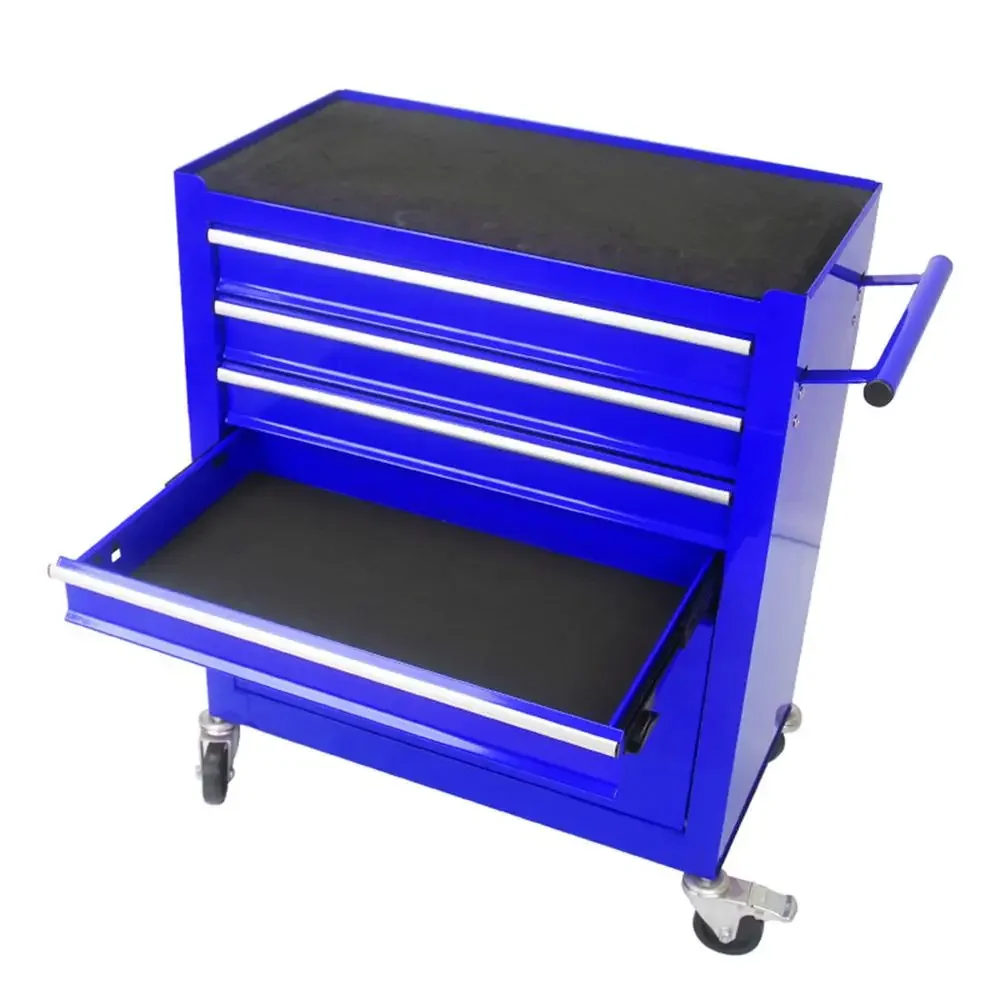 Steel Rolling Tool Box Cabinet Garage 4-Drawer Blue Anti-Rust Storage Organizer Includes Locking System Drawer Liner Soft Close 3
