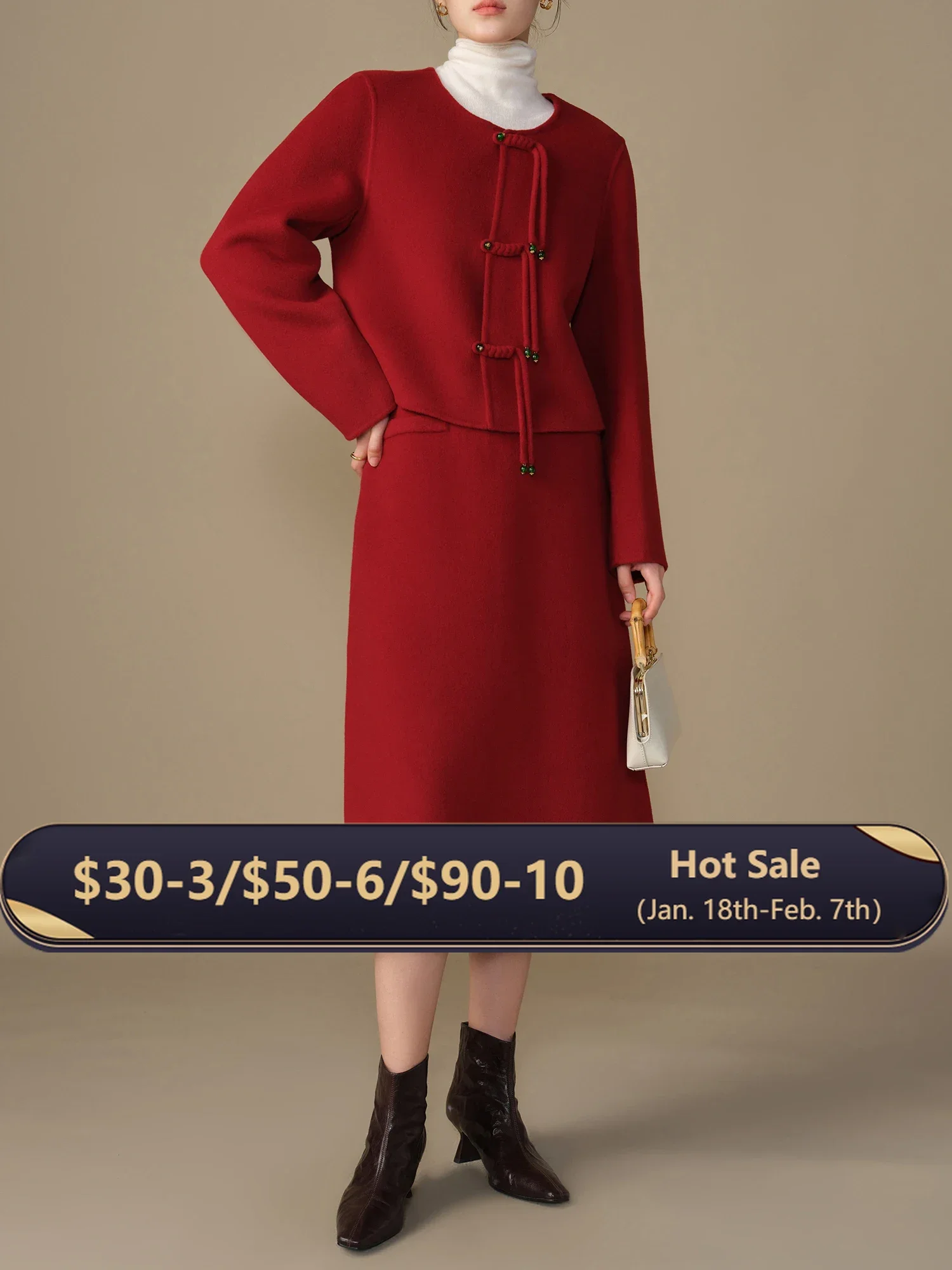 DUSHU 100% Wool Women's Classic Long Woolen Coat 2024 Winter New Item Two-piece Collar Raglan Sleeves Woolen Coat 24DS84183 main image 1