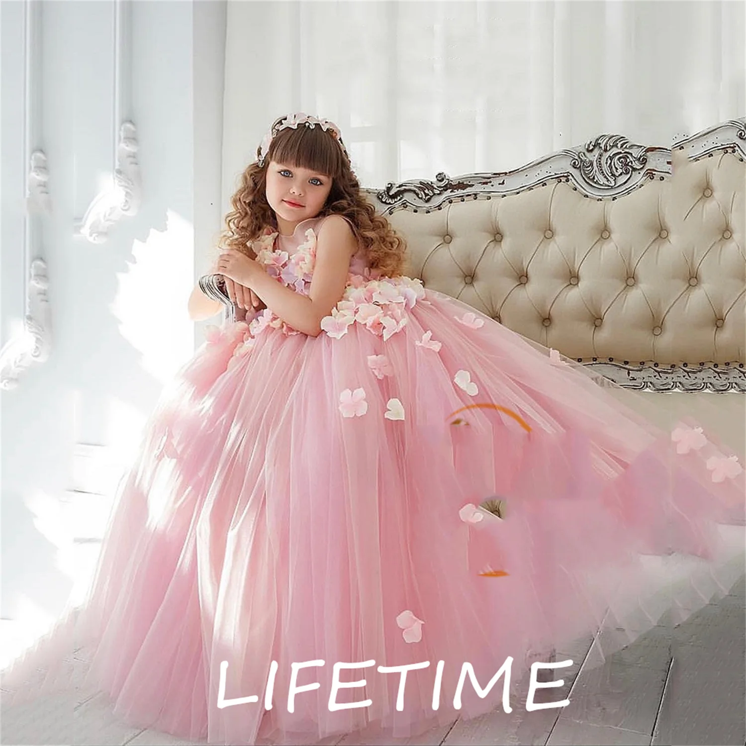 

Strapless Pink Flower Girl Dresses Summer Soft Tulle Floor Length Gorgeous Communion Dresses Girls 2023 New