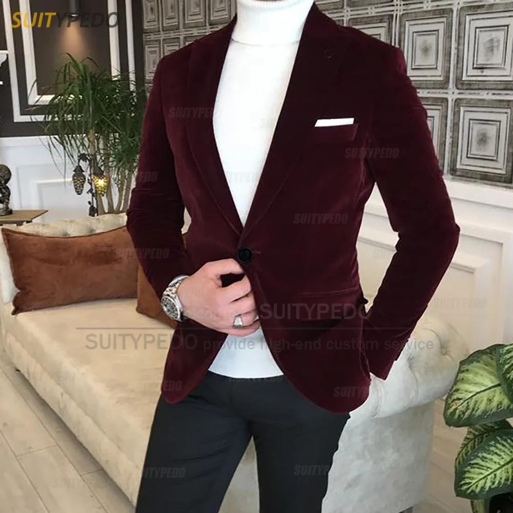 

Fashion Velvet Men Blazers Formal Slim Fit 1 Button Burgundy Suit Jacket 2023 Luxury Prom Business Wedding Tuxedo Coat 1 Piece