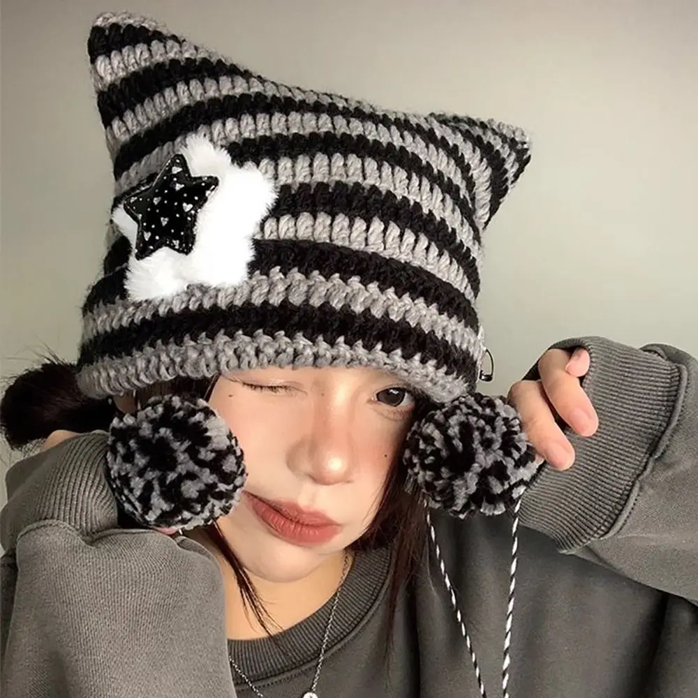 Y2K Beanie Hut Ins Teufel Ohr Gestreifte Gestrickte Wolle Kappe Herbst Winter Hip-hop Häkeln Nette Katze Ohren Spitz Pullover frauen Hüte – Detail 14