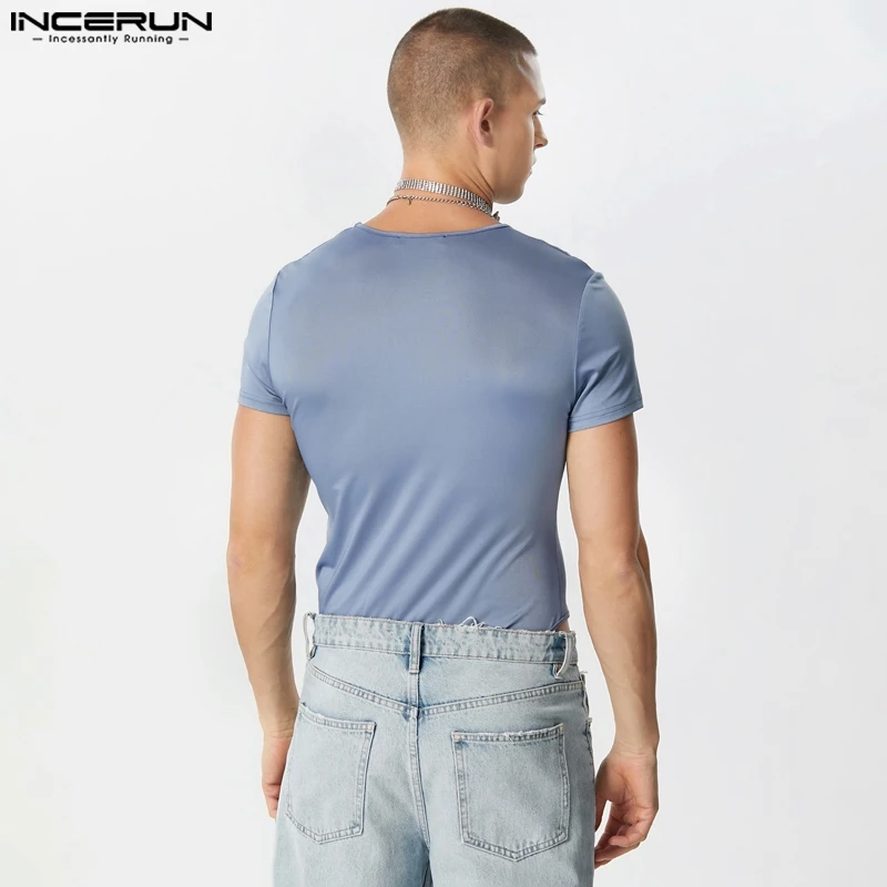 INCERUN Men Rompers Short Sleeved Solid Comfortable Bodysuits Stylish O-neck Design Triangle Jumpsuits S-5XL men bodysuits men jumpsuits