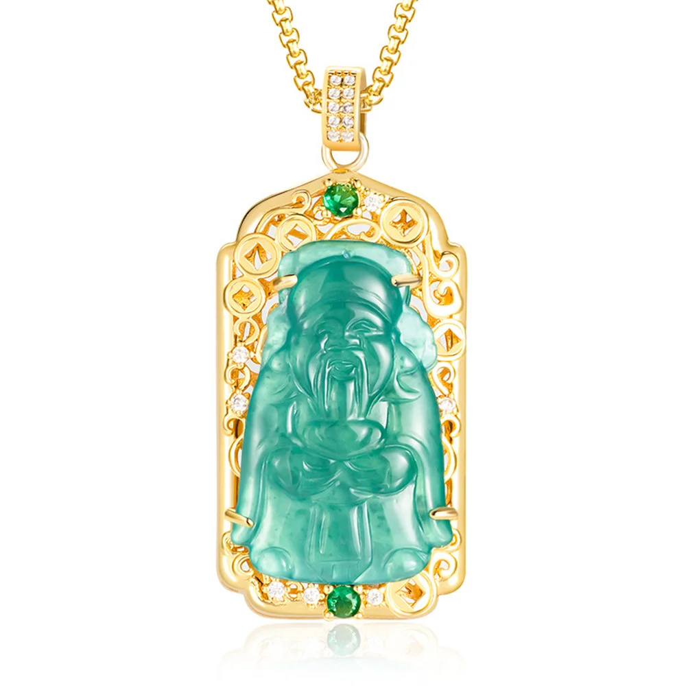 

Natural Ice Green Jadeite Carved Gem God of Wealth Lucky Pendant Gold Plated Amulet Necklace Certificate Luxury Jade Jewelry