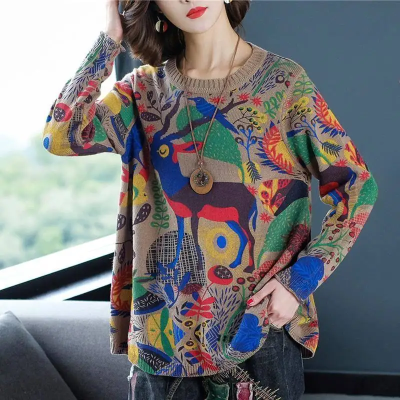 Vintage Printed O-Neck Loose All-match Sweaters Women's Clothing