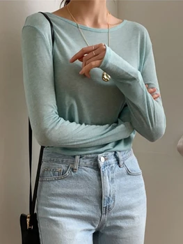 المرأة رقيقة شفافة طويلة الأكمام تي شيرت ، أنثى عارضة الأعلى ، مثير ، انظر من خلال ، فضفاضة ، الصلبة ، النمط الكوري ، الربيع ، الصيف 2