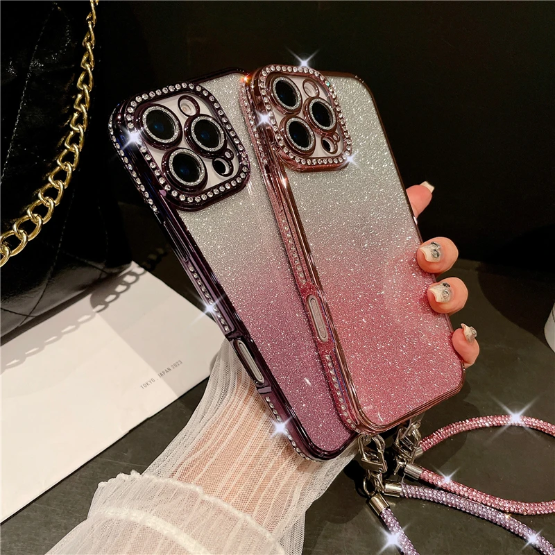 Luxury Plating Flash Rhinestone Bumper Bracelet Phone Case For iPhone 16 15 14 13 12 11 Pro Max Glitter Lanyard On 15 Plus Cover