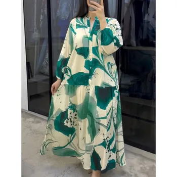 Printed Loose Long Shirt Women's Long-sleeved Dresses Spring Autumn New Fashion Spliced ​​elegant Female Casual Robe Dresse 2025 1