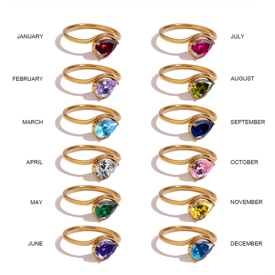 18K vergoldete Edelstahl-Geburtssteinringe für Damen, tropfenförmiger Zirkon, bunter Schmuck als Geschenk zum Jahrestag oder Geburtstag – Detail 10