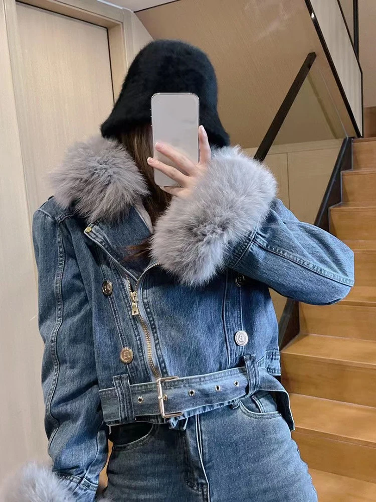 【NONCODE】Literhan buckle fur jacket Winter Removable Faux Fur Collar Belt Blue Warm Denim Jacket