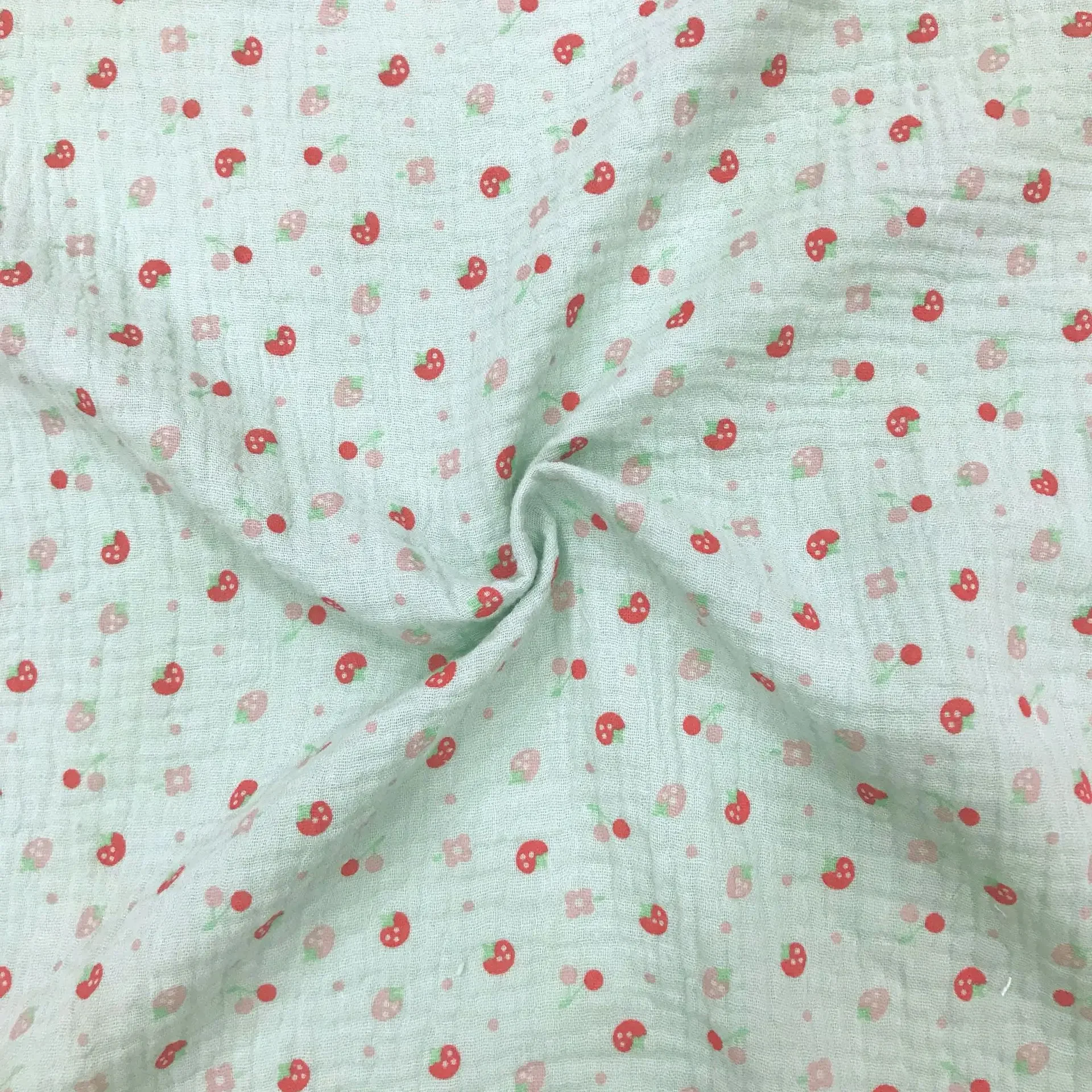 New Cartoon Fruit Cherry Pink Print Double Layer Pure Cotton Comfortable Cute Fabric for Women Children's Clothing