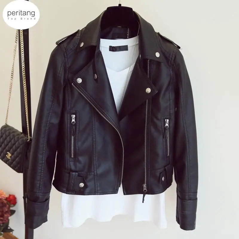 

Female 2023 New Design Spring Autumn PU Leather Jacket Faux Soft Leather Coat Slim Black Rivet Zipper Motorcycle Black Jackets