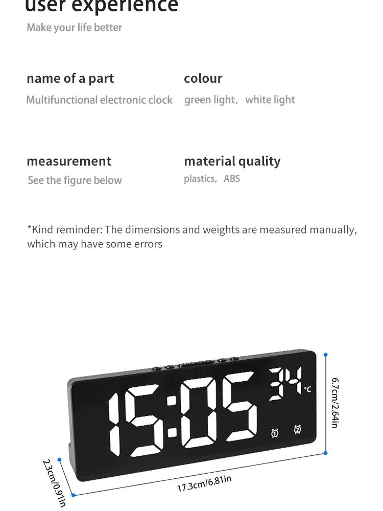 Description Picture 5 of itemVoice Control Digital Alarm Clock Temperature Dual Alarm Snooze Desktop Table Clock Night Mode 12/24H LED Clock Watch