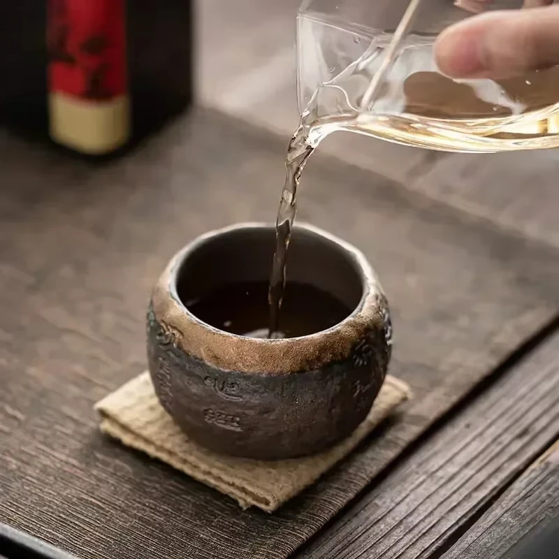 Rough Pottery Handmade Relief Heart Sutra Zen Cup Ceramic Master Individual Single Cup Chinese Portable Tea 1pcs