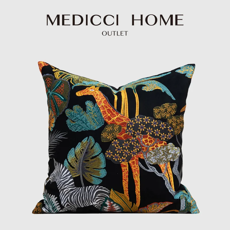 

Medicci Home Medieval Jungle Giraffe Zebra Black Animal Embroidery Pillowcase Luxury H Style Retro Cushion Cover For Villa Hotel