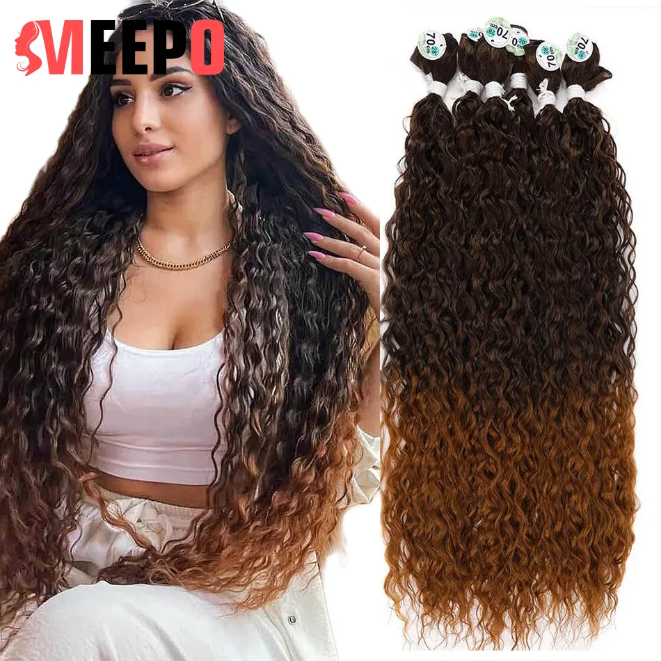 Meepo Long Water Wave Curly Hair Bundles Synthetic Ombre Black Extensions 28-32Inch 3Pcs 100g For Women High Temperature Hair