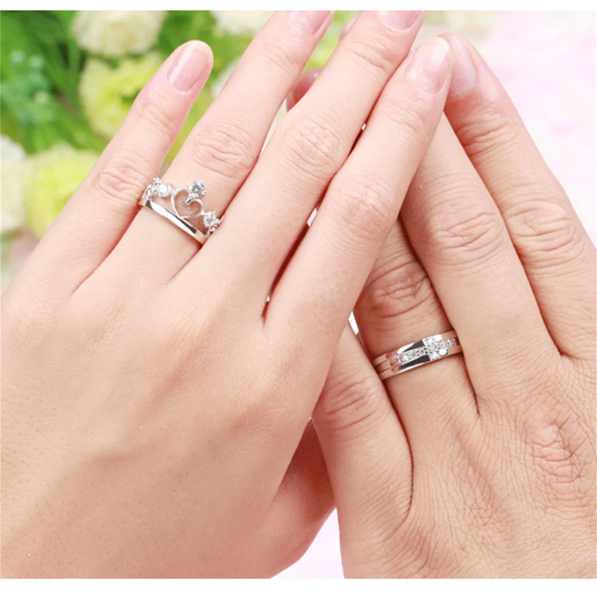 Zircon Rings Cross Rings Wedding Rings Couple Rings Finger Rings 2Pcs Silver Zircon Crown Cross Couple Rings
