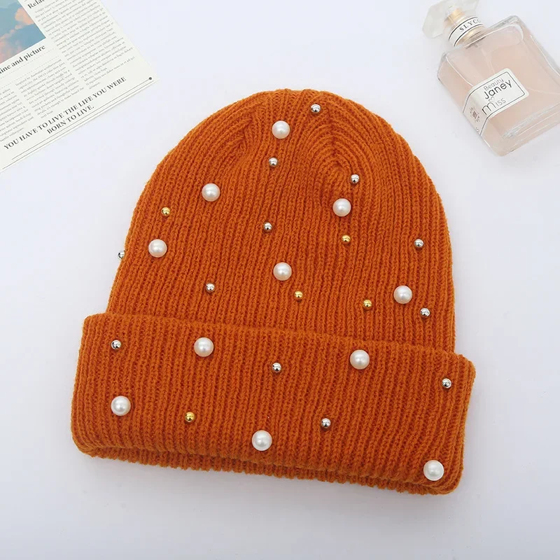 Fashion Pearl Hats Women Winter Knitted Caps Soft Beanie Women's Hat Female Cap Girls Skullies Beanies gorros mujer invierno 3