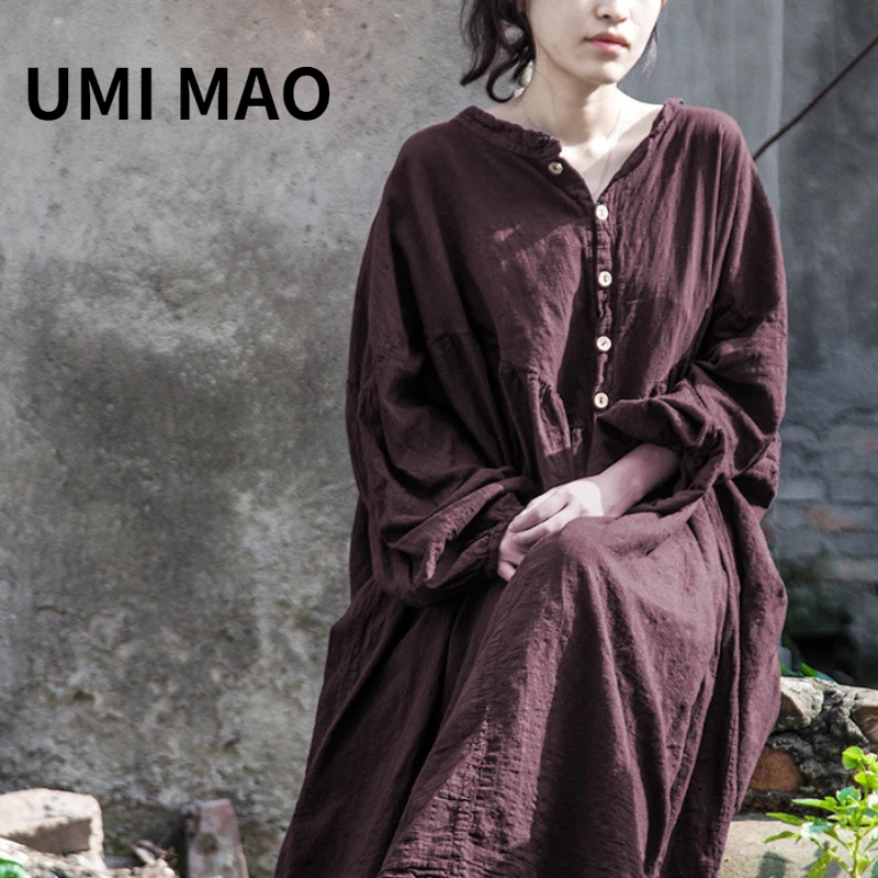 UMI MAO Chinese Style Yamamoto Autumn Winter Mountain Design Lantern Sleeve Super Loose Cotton Dress Elegant Femme Y2K