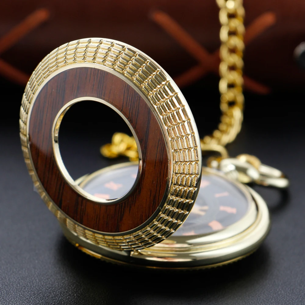 

Golden Luxury Wood Transparent Movement Mechanical Pocket Watch Vintage Gentleman Analog Signal Clock Women's Jewelry Gift