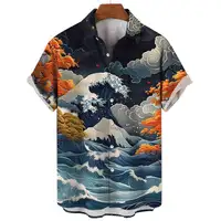 Summer Fashion Sutra of Mountains and Seas Ukiyoe Wave Print Men's Short Sleeve Shirts Casual Daily Street Trend Tops Oversized 2